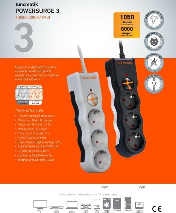 TSK19010 Powersurge 3-Surge Protectıon PLUG-1050 Joule- Wıth Siyah