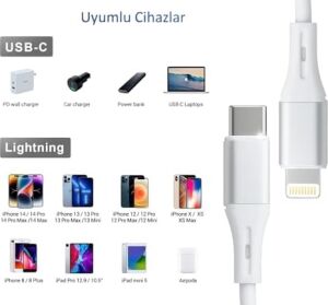 Type C-Lightning Örgülü 27WATT Pd Hızlı Şarj Kablosu, Beyaz/gümüş Metal (100 Cm)