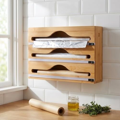 3 Bölmeli Doğal Bambu Folyoluk ve Streç Film Kesici Organizer - Sürgülü Bıçaklı Çekmece Içi Düzenleyici Pişirme Kağıdı ve Alüminyum Folyo Standı Mutfak Organizeri (35,5 x 22 x 7 Cm)