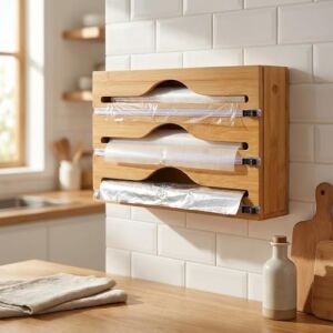 3 Bölmeli Doğal Bambu Folyoluk ve Streç Film Kesici Organizer - Sürgülü Bıçaklı Çekmece Içi Düzenleyici Pişirme Kağıdı ve Alüminyum Folyo Standı Mutfak Organizeri (35,5 x 22 x 7 Cm)