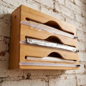 3 Bölmeli Doğal Bambu Folyoluk ve Streç Film Kesici Organizer - Sürgülü Bıçaklı Çekmece Içi Düzenleyici Pişirme Kağıdı ve Alüminyum Folyo Standı Mutfak Organizeri (35,5 x 22 x 7 Cm)