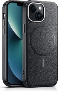 iPhone 13/14 ile Uyumlu Magsafe Kılıf, Premium Deri Görünümlü, Kamera Korumalı, Güçlü Mıknatıslı Telefon Kılıfı,siyah + 9h Anti Statik Temperli Kırılmaz Cam Ekran Koruyucu Hediyeli