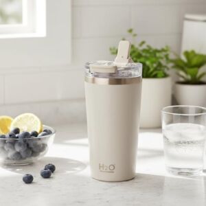 530 ml Pipetli ve Ağızlıklı Çelik Termos Kupa - Çift Fonksiyonlu Kapak - Sıcak/soğuk Tutan Seyahat Bardağı (Travel Mug) - 4 Farklı Renk Seçeneği (Krem)