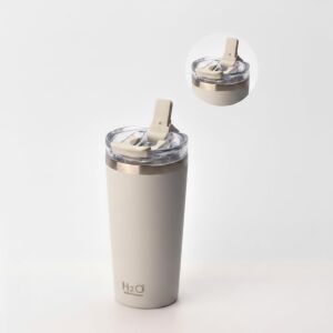 530 ml Pipetli ve Ağızlıklı Çelik Termos Kupa - Çift Fonksiyonlu Kapak - Sıcak/soğuk Tutan Seyahat Bardağı (Travel Mug) - 4 Farklı Renk Seçeneği (Krem)