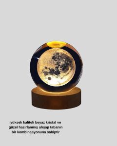 3D Lazer Işlemeli Ay Küresi Ahşap Standlı USB Bağlantılı Dekoratif Lamba