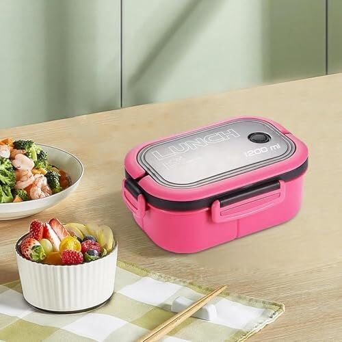 1200 ml 2 Katlı 6 Bölmeli Bpa'sız Pp Plastik Sefer Tası ve Beslenme Çantası - Hava Kilitli  Lunch Box, Çatal ve Kaşık Dahil (Pembe)