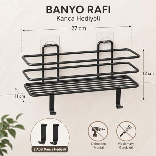 Siyah Yapışkanlı Banyo Rafı, 2 Kancalı Duvar Tipi Banyo Organizer, Şampuanlık ve Aksesuar Rafı, Delmeden Kolay Kurulumlu Metal Banyo Düzenleyici