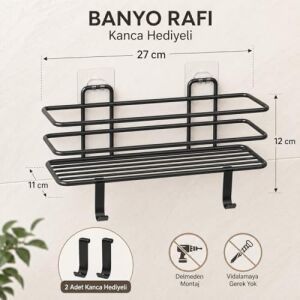 Siyah Yapışkanlı Banyo Rafı, 2 Kancalı Duvar Tipi Banyo Organizer, Şampuanlık ve Aksesuar Rafı, Delmeden Kolay Kurulumlu Metal Banyo Düzenleyici