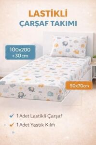 Lastikli Çarşaf Lüks%80 Pamuklu Tek Kişilik Takımı Çocuk Ayı Desen +1 Adet%80 Pamuklu Hayavan-Fil Desenli Yastık Kılıflı