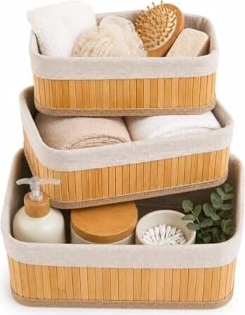 Bambu Organizer Sepet 3’lü Set – Kumaş Kaplı Dekoratif Saklama Kutusu, Çok Amaçlı Düzenleyici (Banyo, Mutfak, Dolap)