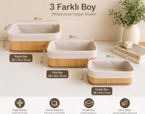 Bambu Organizer Sepet 3’lü Set – Kumaş Kaplı Dekoratif Saklama Kutusu, Çok Amaçlı Düzenleyici (Banyo, Mutfak, Dolap)