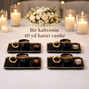 6’lı Gold Siyah Türk Kahvesi Fincan Seti – Altın Detaylı Kahve Yanı Tabaklı, Porselen Fincan ve Sunum Tabağı Takımı