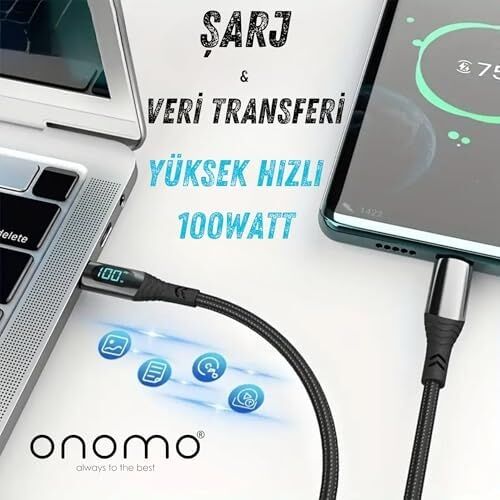 100W Type-C Dijital Göstergeli Şarj ve Veri Kablosu, Örgülü, 1.2 Metre, Siyah