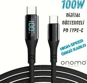 100W Type-C Dijital Göstergeli Şarj ve Veri Kablosu, Örgülü, 1.2 Metre, Siyah