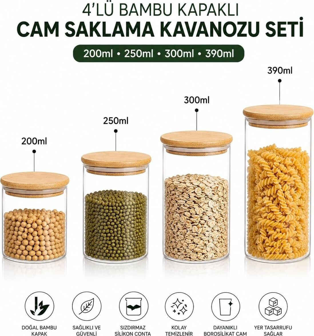 Bambu Kapaklı Cam Saklama Kavanozu Seti, 4'lü, 200ML, 250ML, 300ML, 390ML, Borosilikat Cam, Sızdırmaz Silikon Conta