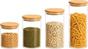 Bambu Kapaklı Cam Saklama Kavanozu Seti, 4'lü, 200ML, 250ML, 300ML, 390ML, Borosilikat Cam, Sızdırmaz Silikon Conta