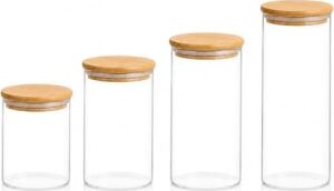 Bambu Kapaklı Cam Saklama Kavanozu Seti, 4'lü, 200ML, 250ML, 300ML, 390ML, Borosilikat Cam, Sızdırmaz Silikon Conta