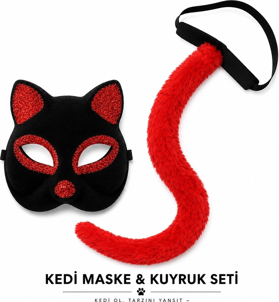 Kırmızı Kedi Maske ve Kuyruk Seti Parti Kostüm Aksesuarı