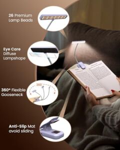 Glocusent 26 LED Okuma Lambası, Kitap Işığı, 5 Renk ve 5 Parlaklık Modu, Göz Koruması, Kademesiz Karartma, Geniş Lamba Alanı, Uzun Ömürlü, 90 Saat, 360° Esnek, Kitap Severler Için Mükemmel, Mor