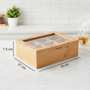 Bambu 6 Bölmeli Çay Kutusu -%100 Orjinal Bambu Mıknatıslı Kapak 21X16,5 X7CM