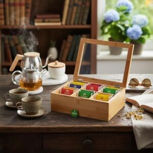 Bambu 6 Bölmeli Çay Kutusu -%100 Orjinal Bambu Mıknatıslı Kapak 21X16,5 X7CM
