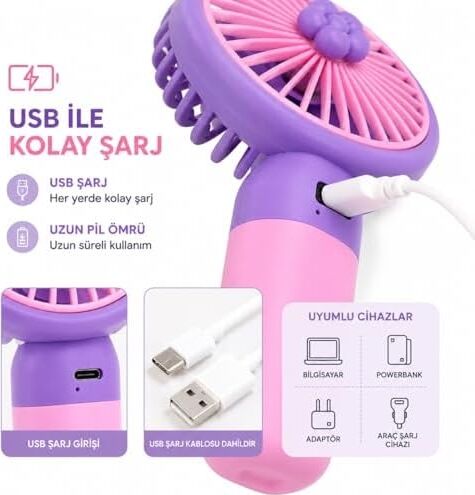 Talky Şarjlı Mini El Fanı USB Taşınabilir Sessiz Masaüstü Vantilatör 3 Kademe Soğutucu Pervane Multicolor Karışık Renk