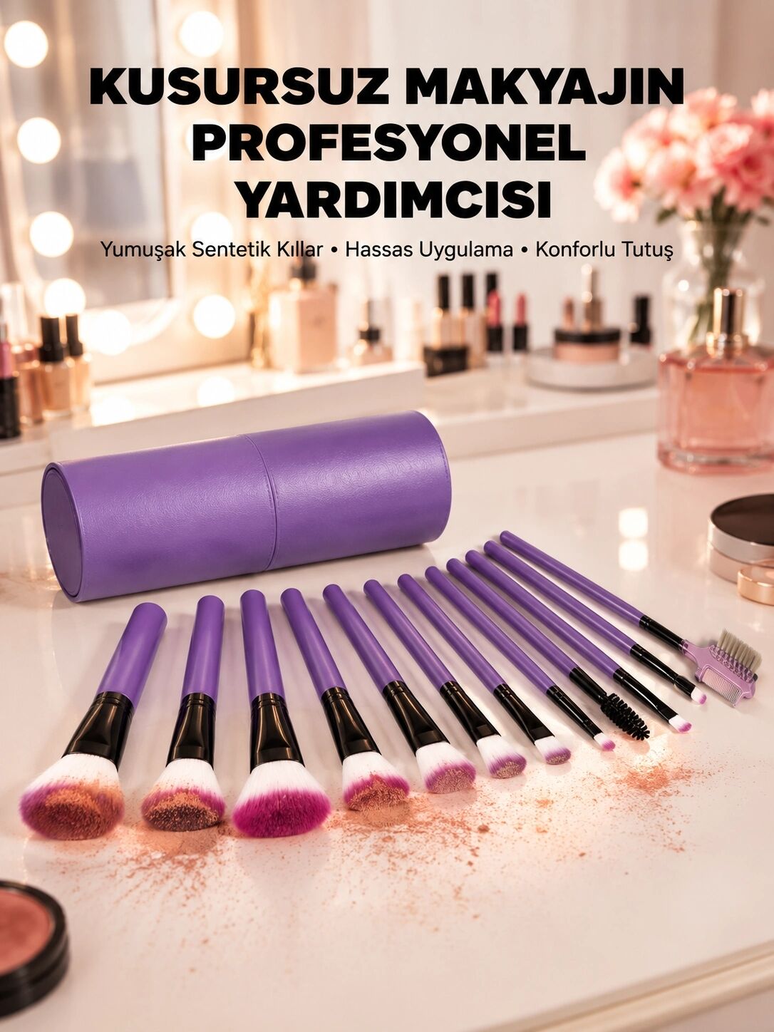 Ergonomik Saplı Fiber Kıllı 12'li Makyaj Fırça Takımı Göz ve Ten Makyajı Için Uygun