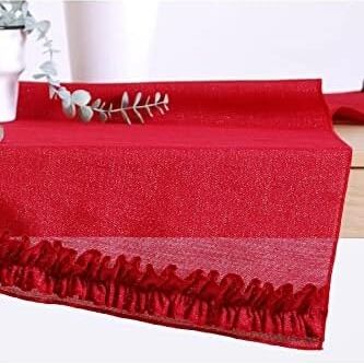 Simli Keten Runner Kırmızı Fırfırlı 45X150