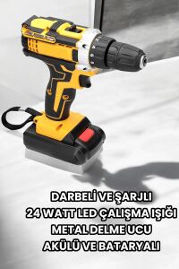Metal Dişli 24W Akülü Matkap -Çift Bataryalı ve LED Çalışma Işığı ile Tam Set