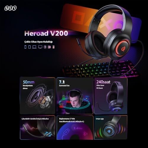 Qcy Heroad V200 Rgb 7.1 Kablosuz Gaming Oyuncu Kulaklığı 3 Modlu (Bt, 2.4ghz, Type-C) Pc - Ps5