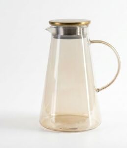 Borosilikat Cam Sürahi 1.9 Litre - Isıya Dayanıklı, Gold Renk Luster Boyalı ve Paslanmaz Çelik Süzgeçli Kapak (Tekli) 2 Model Seçeneği (Uzun)