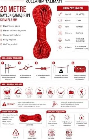 20 Metre Kırmızı Naylon Ip 3 Mm, Çok Amaçlı Dayanıklı Çamaşır Ipi, Kamp Bahçe Balkon Hamak ve Taşıma Sabitleme Ipi, Dayanıklı Çamaşır Ipi Kalın, Asma Ipi Güçlü Halat Ip, Sağlam Ip, Kaliteli