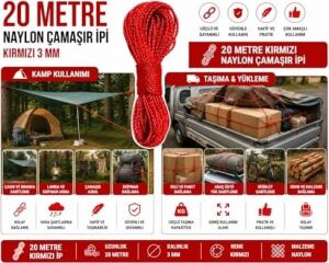 20 Metre Kırmızı Naylon Ip 3 Mm, Çok Amaçlı Dayanıklı Çamaşır Ipi, Kamp Bahçe Balkon Hamak ve Taşıma Sabitleme Ipi, Dayanıklı Çamaşır Ipi Kalın, Asma Ipi Güçlü Halat Ip, Sağlam Ip, Kaliteli