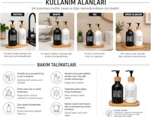 2’li Hands & Dishes Siyah Beyaz Cam Sabunluk Seti – Modern Minimalist Tasarım, 500 ml Kapasiteli, Bambu Standlı Dekoratif Mutfak & Banyo Sıvı Sabunluk Dispenser Seti