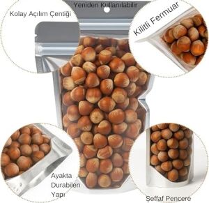 Şeffaf Metalize Doypack Gıda Saklama Torbası, Zip Kilitli, (100, 13X22,5)