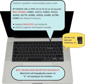 MacBook Uk Ingilizce Klavye Koruyucu Iso Ters L Enter M1-M5 | A2681 A3113 A3240 A3449 A2941 A3241 A2442 A2779 A2992 A2485 A2991 | Keyboard Cover Touch Id Siyah