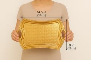 Osmanlı Motifli Dikdörtgen Metal Servis Tepsisi – Kulplu 2 Kişilik Sunum Tepsisi, 37 x 23 Cm, 373 G, Gold ve Gümüş Renk Seçeneği (Altın Sarısı)