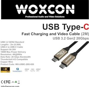 USB C Hızlı Şarj ve Görüntü Kablosu, USB 3.2 Gen2 Standart 20G Bandwith, Thunderbolt 4/3 Uyumluluk, 4K 60Hz Çözünürlüğüne Kadar Destekler, 5A 20V, 100W Şarj Gücü 2 Metre