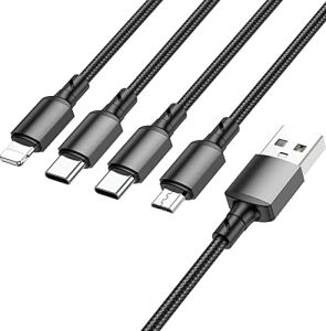 Borofone 4in1 USB Kablo Lightning + Micro + Type-C 4'ü 1 Arada Lightning/micro-Usb/usb-C Için Şarj Kablosu 1metre 2A Akım BX72 (2x Type-C+Lightning+Micro Uçlu Kablo)