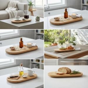Ayaklı Bambu Sunum Tabakları, Ayaklı Bambu Sunumluk, Kek, Börek, Çörek ve Çikolata Sunum Tepsisi Yuvarlak Kenarlı Oval Sunumluk (32XM*12CM*1,5CM)