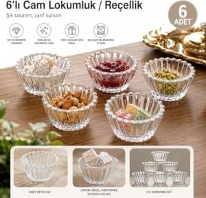 6'lı Cam Lokumluk Reçellik Seti – Şeffaf Desenli Cam Kase Takımı, Lokum, Reçel, Kuruyemiş ve Sos Sunumluk, Şık Servis Kasesi