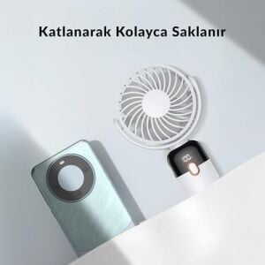 Warmco K70 Taşınabilir Şarjlı El Vantilatörü 2400MAH 360° Döner Başlıklı Standlı Dijital Ekranlı Soğutucu Fan Siyah