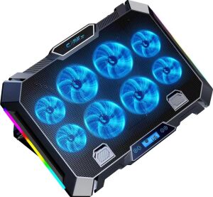 8x Turbo LED Fan - 10 Modlu Rgb - LCD Ekran - Ayarlabilir Fan Hızı - 7 Kademeli Stant - 2x USB - Metal Mesh Zemin Notebook Soğutucu