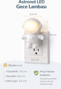 Astronot LED Gece Lambası Priz Tipi, Açma Kapama Tuşlu, Sıcak Beyaz 3000K Işık, Enerji Tasarruflu, Çocuk Odası, Genç Odası ve Koridor Için Gece Lambası, Dekoratif Gece Işığı