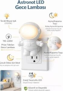 Astronot LED Gece Lambası Priz Tipi, Açma Kapama Tuşlu, Sıcak Beyaz 3000K Işık, Enerji Tasarruflu, Çocuk Odası, Genç Odası ve Koridor Için Gece Lambası, Dekoratif Gece Işığı