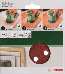 Professional Accessories Eksantirik Zımpara Kağıdı 6'lı Set, 125 mm 60/120/240 Kum 8 Delik