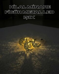 Gold Renk Metal Minareli Hilal LED Işık Pilli Ramazan Süsü