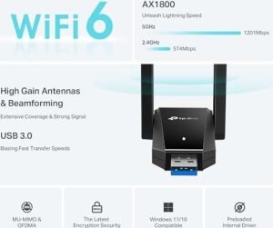 TX30U Plus Wifi 6 USB Adaptör AX1800 (1800 Mbps), Dual Band 5ghz/2.4ghz, USB 3.0, Çift Yüksek Kazançlı Anten, Wpa3 Güvenlik, Windows 11/10 Uyumlu Kablosuz Adaptör