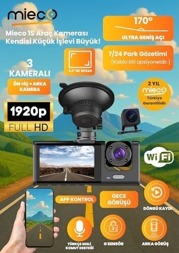 Mieco 1s WIFI/1920P FHD/170° Ultra Geniş Açı/gece Görüşü ve G-Sensörü/ 3 Kameralı Araç Kamerası (2025)