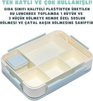 1330ML Lunchbox Tek Katlı 5 Bölmeli Pp Plastik Çocuk Sefer Tası Yemek Kutusu (Mavi)